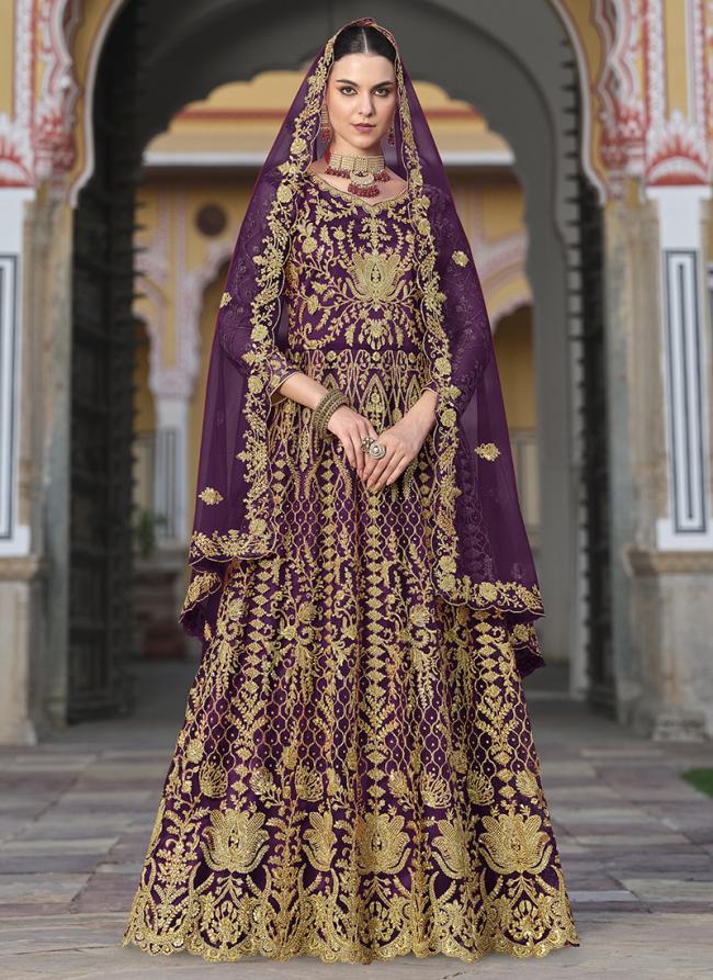 Butterfly Net Wine Bridal Wear Stone Work Anarkali Suit